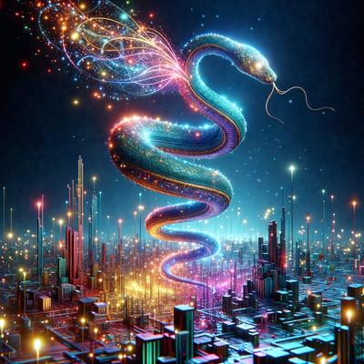 The primary subject of the image is a large, colorful snake that is winding its way through a futuristic cityscape. The snake is surrounded by a variety of buildings, including skyscrapers, and is illuminated by a multitude of lights. The visual style of the image is digital art, with the snake and the cityscape appearing as a vibrant, colorful, and dynamic composition. The colors and mood of the image are lively and energetic, with the snake's vivid colors and the cityscape's bright lights creating a sense of excitement and movement.